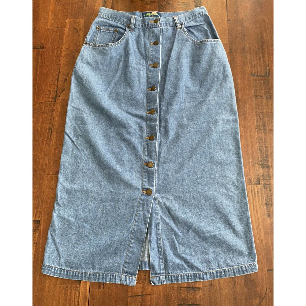 Vintage Kodiak Long Denim Jean Skirt Pockets Button Front Women’s Size 10 1980s